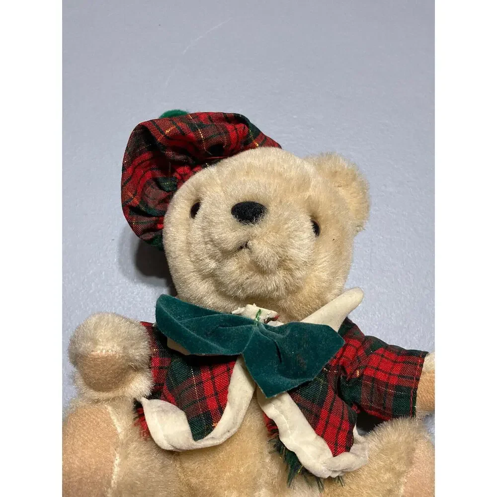 Vintage ANCO Plush Teddy Red Green‎ Christmas Plaid Holiday Toy Golfer Hat